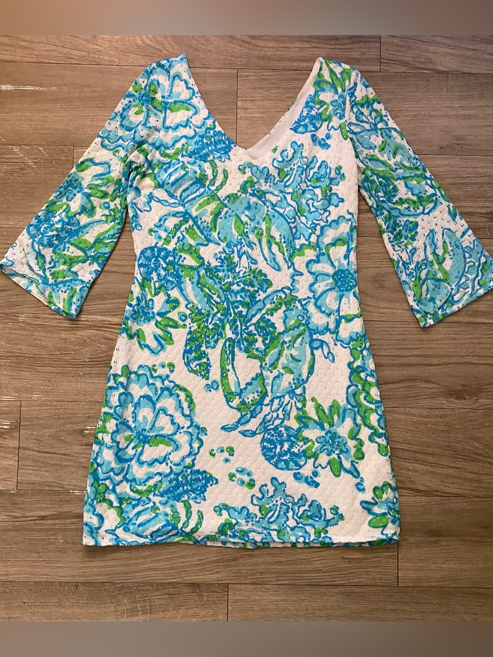 Lilly Pulitzer Crochet White Mini Dress with Blue & Green Floral Print